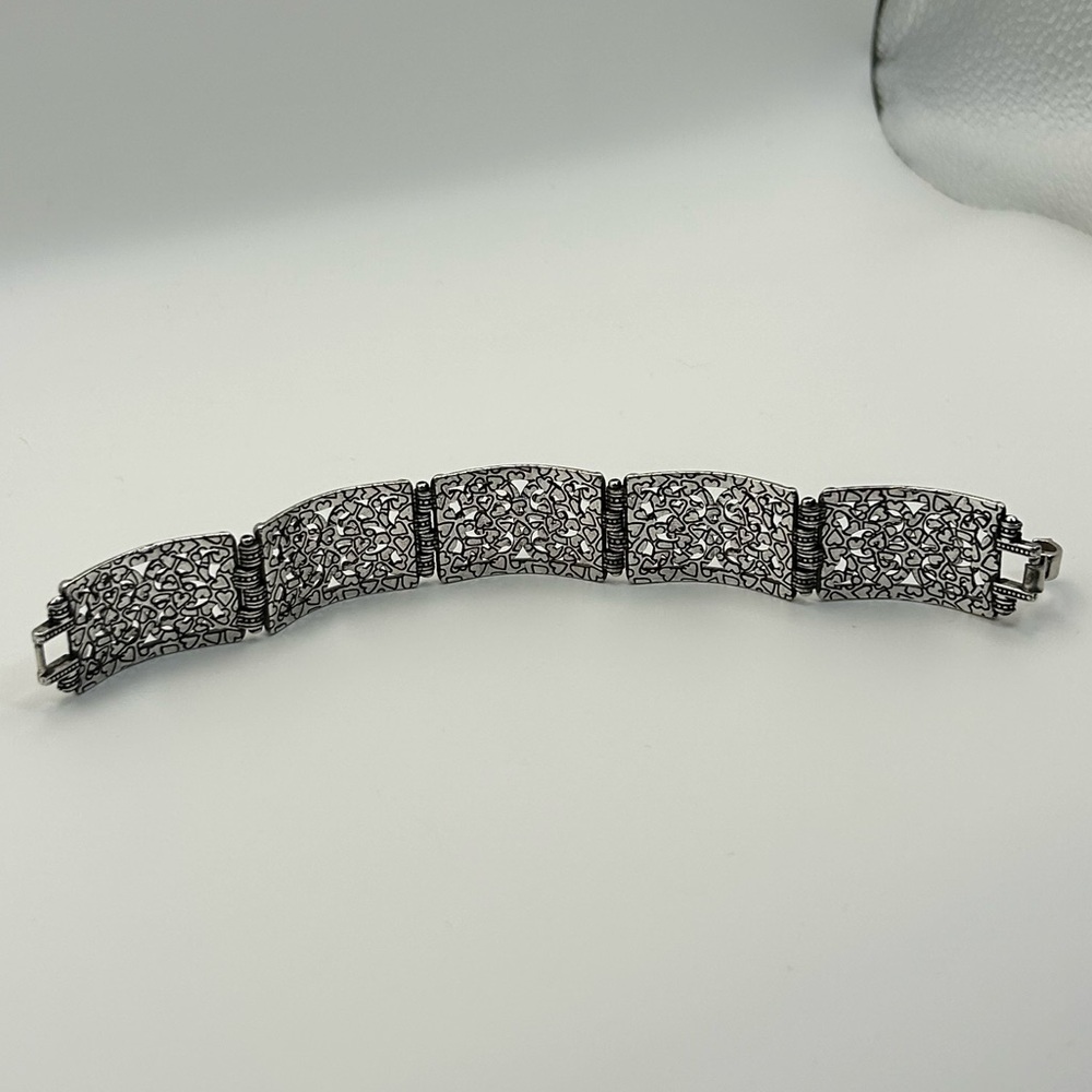 Brighton Jewelry Bar Link Bracelet Silver Plated Scrolled Hearts 7.5" Vintage - Picture 8 of 12